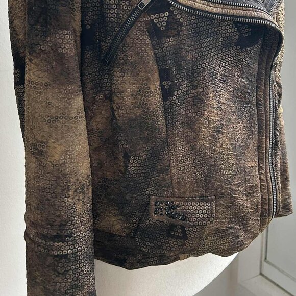 Simon Chang Bronze Textured Moto Jacket with Stones & Embellishments - US 12 - Picture 2 of 10